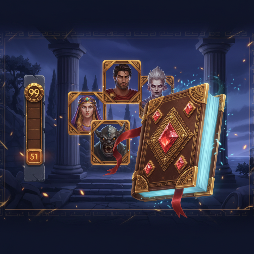 Book of 99 slot game featuring ancient Greek temple with stone columns, mystical golden book with red gemstones, and character symbols including warrior hero and prophetess in dark blue twilight setting