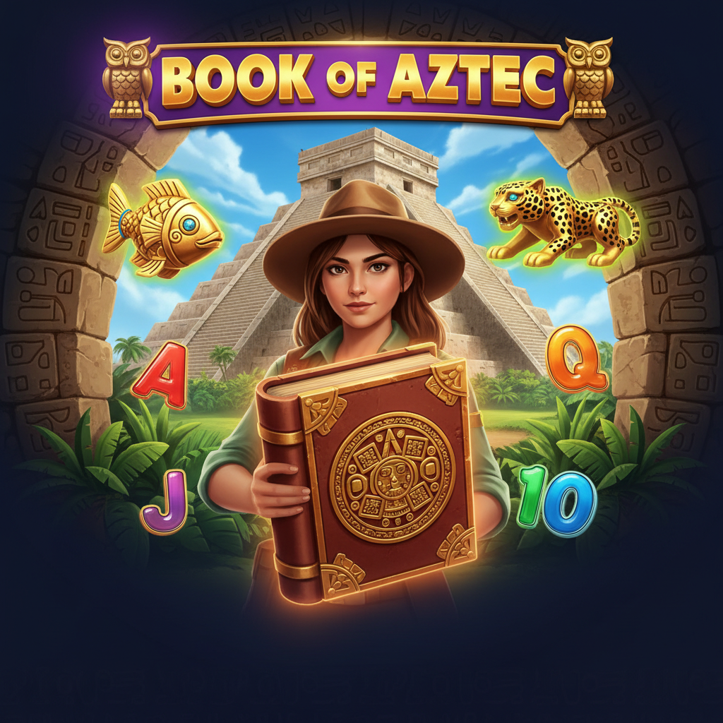 Book of Aztec slot featuring ancient Aztec pyramid, explorer adventurer, golden jaguar idol and mystical book scatter symbol