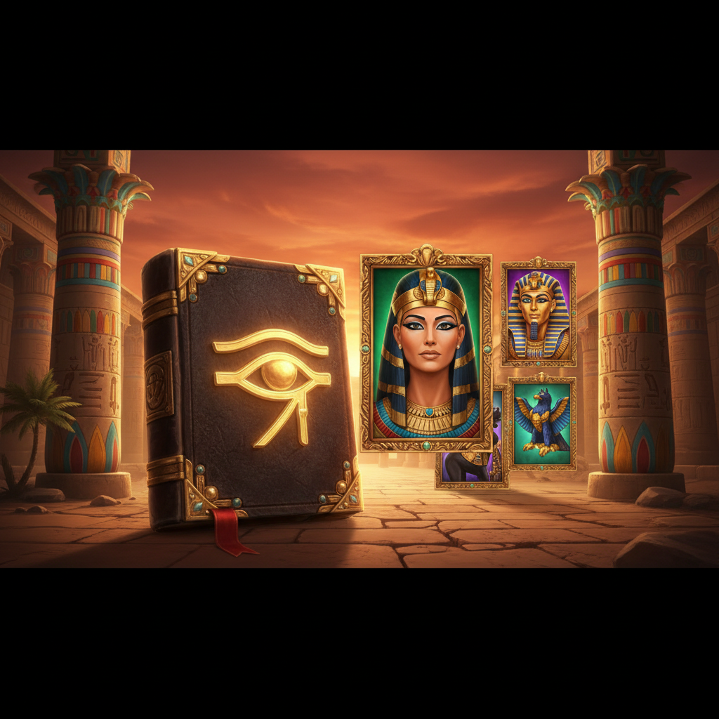 Book of Cleopatra slot game featuring ancient Egyptian temple with ornate columns, golden book with Eye of Ra symbol, Cleopatra portrait, pharaoh symbols and hieroglyphic decorations against sunset sky