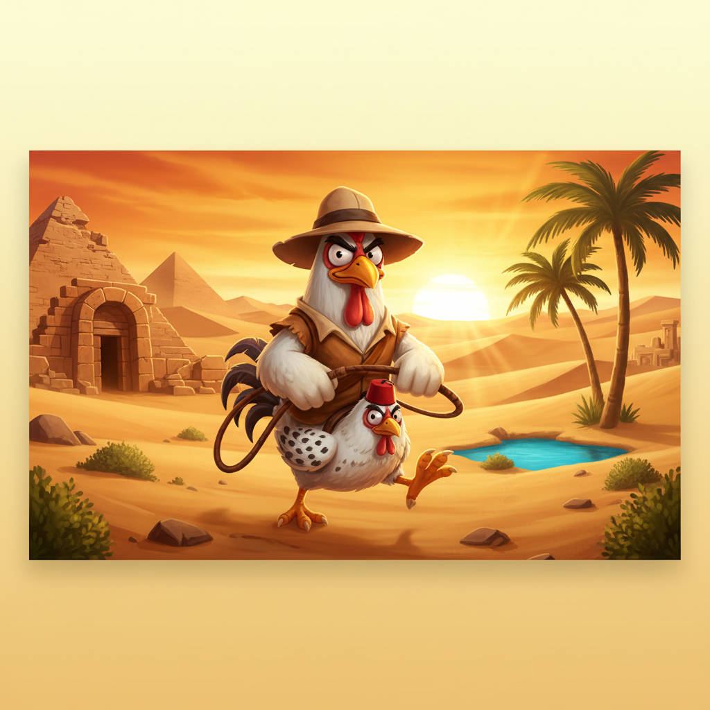Book of Crazy Chicken slot game featuring an adventurous chicken explorer with fedora hat and whip in ancient Egyptian desert with pyramids, palm trees and golden sunset