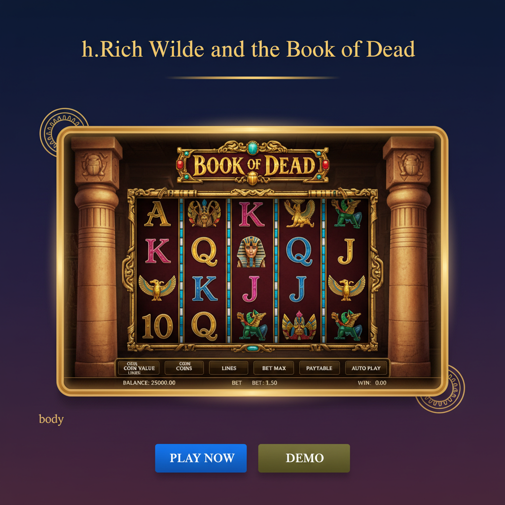 Rich Wilde and the Book of Dead slot showing ancient Egyptian temple interior with 5x3 reel grid, golden ornate frames, hieroglyphic decorations, and character symbols including Rich Wilde explorer, Pharaoh, Anubis, and Horus