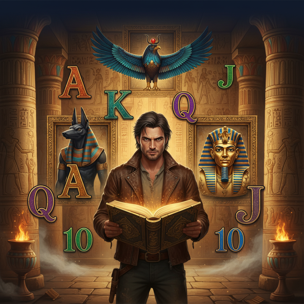 Rich Wilde and the Book of Dead slot - adventurer explorer in golden Egyptian tomb with hieroglyphic book, Anubis, Pharaoh and deity symbols