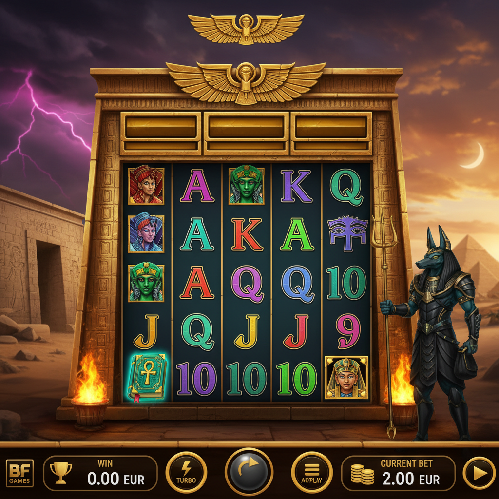 Book of Gates slot game featuring Anubis deity, golden Egyptian temple frame with expanding reels, scatter book symbol, and ancient pyramid desert background