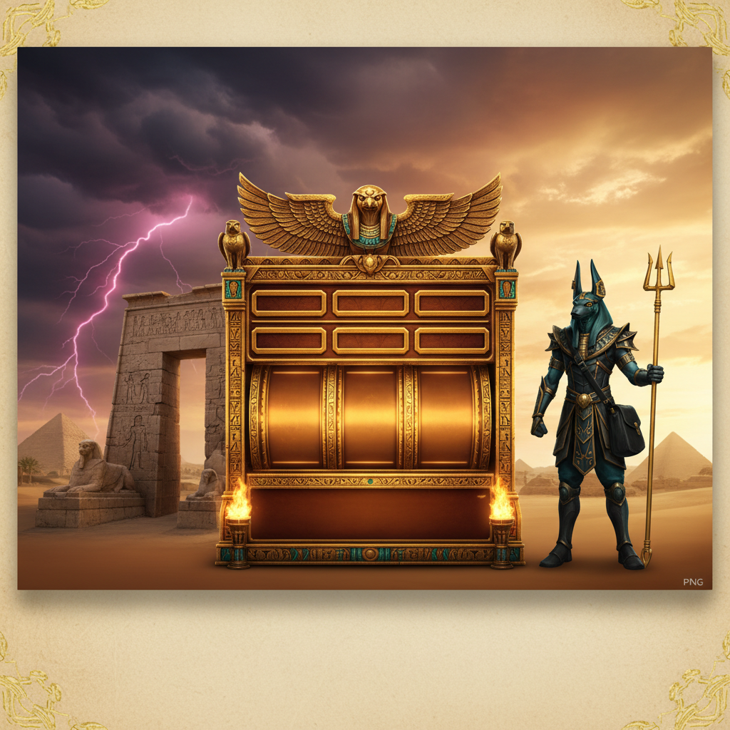 Book of Gates slot game featuring Anubis deity, golden Egyptian reel frame with spread wings, pyramids, dramatic storm sky, ancient stone monuments, expanding reels mechanic