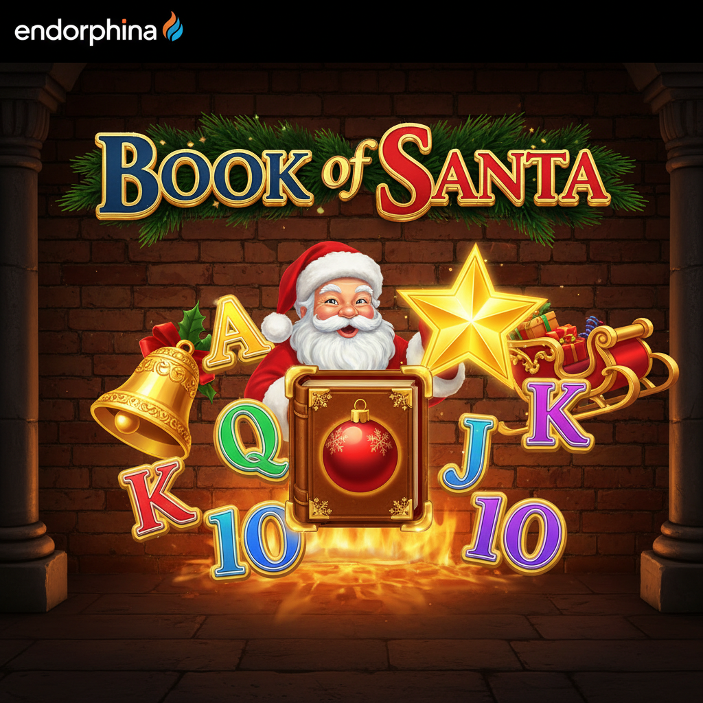 Book of Santa slot game featuring Santa Claus, golden book scatter wild symbol, Christmas bells, stars, and festive decorations on brick wall background