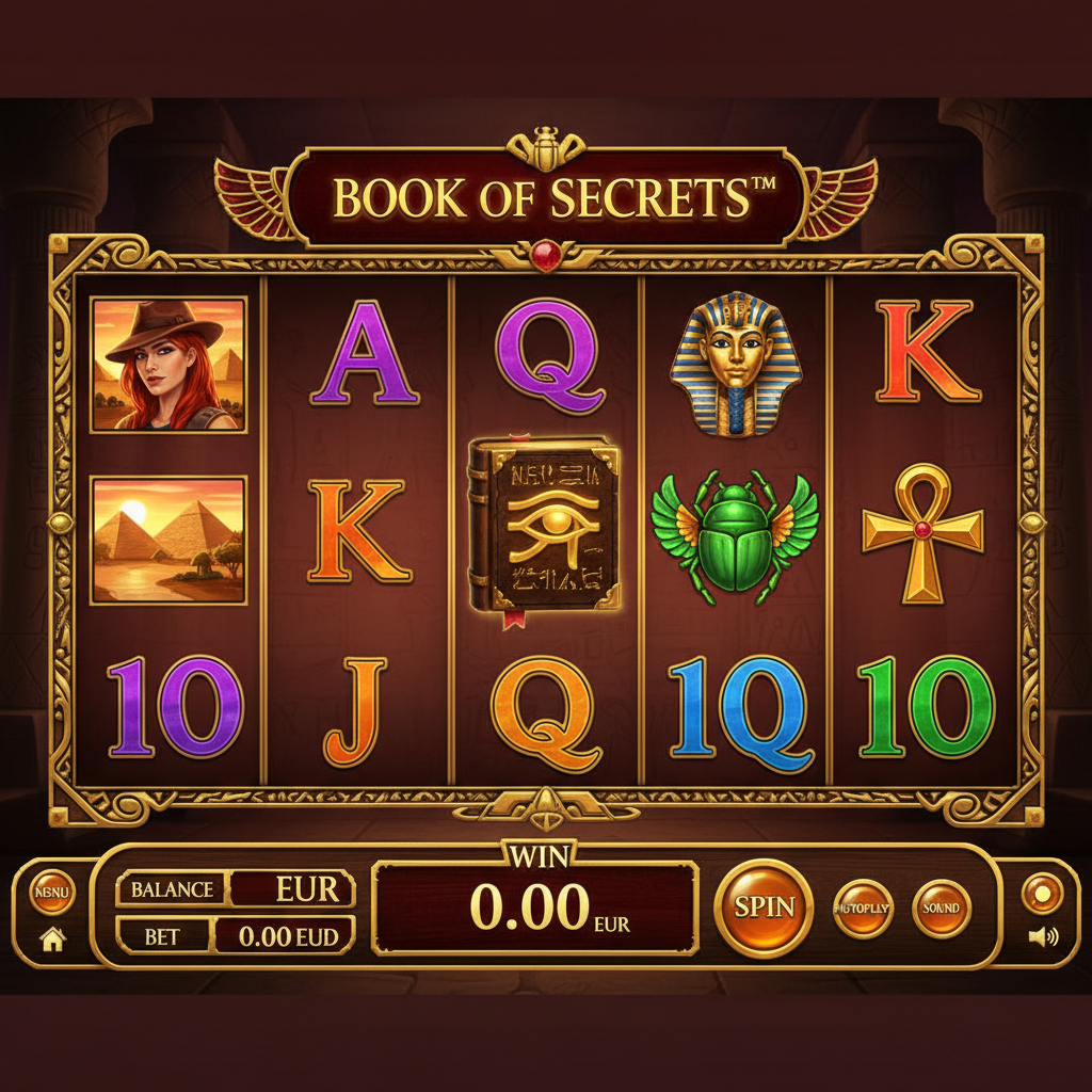 Book of Secrets slot game featuring ancient Egyptian theme with Eye of Horus golden book, red-haired explorer, pharaoh death mask, scarab beetle and ankh symbols on burgundy reels