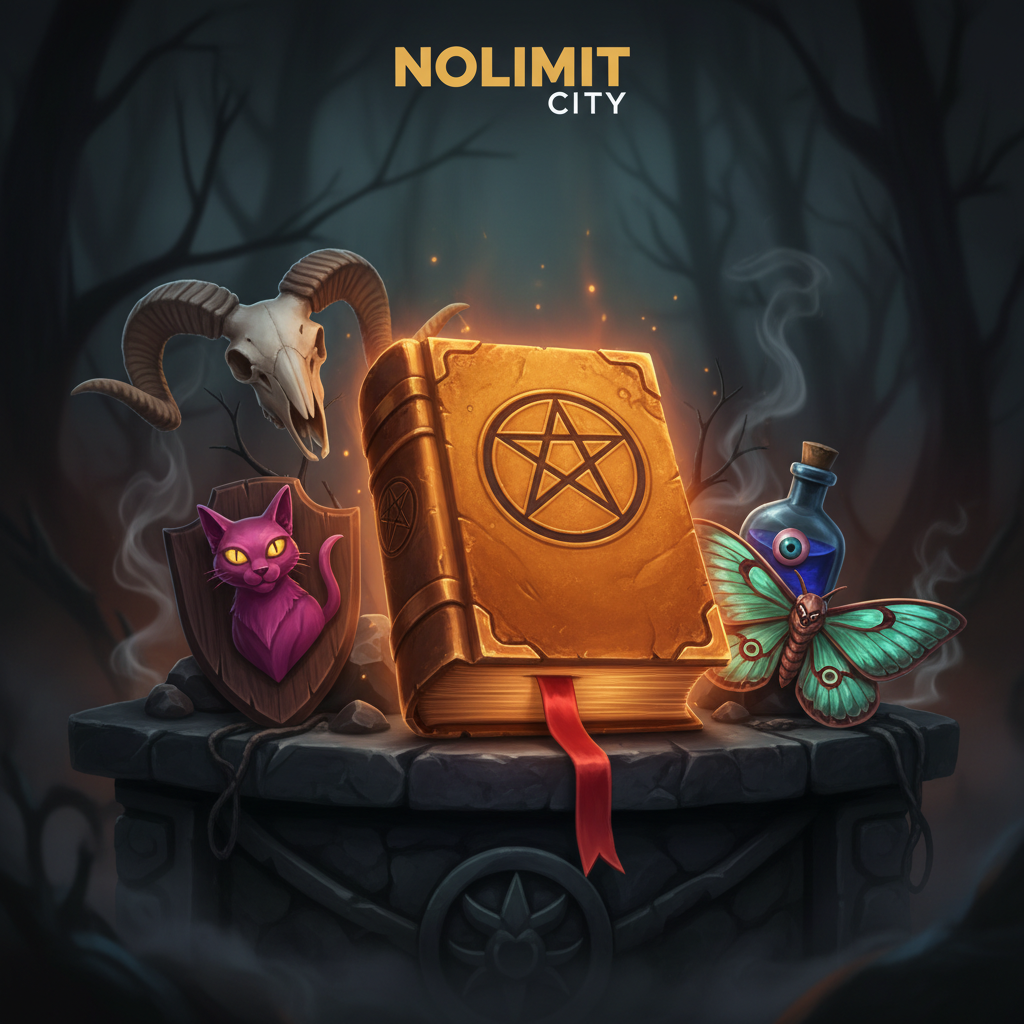 Book of Shadows slot featuring golden pentagram grimoire with red bookmark, surrounded by occult symbols including purple cat, ram skull, and mystical artifacts on dark ritual altar