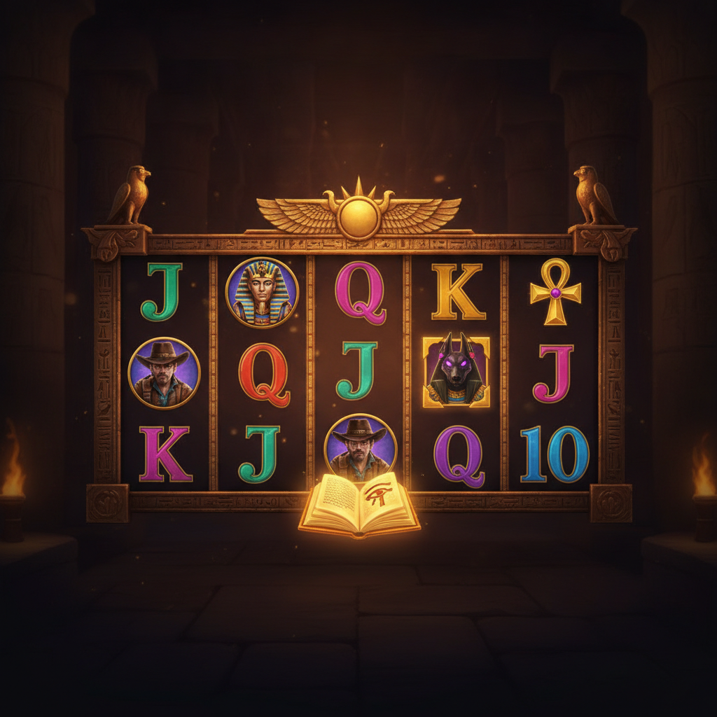 Book of the Fallen slot showing ancient Egyptian temple with golden ornate frame, explorer character with cowboy hat, glowing mystical book scatter symbol with Eye of Ra, hieroglyphs, pharaoh and Anubis high-value symbols