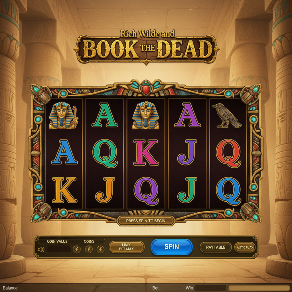 Rich Wilde and the Book of Dead slot featuring ancient Egyptian temple interior with golden ornate frames, 5x3 reel grid, hieroglyphic symbols including Rich Wilde explorer, Pharaoh Osiris, Anubis jackal deity, and Horus falcon god